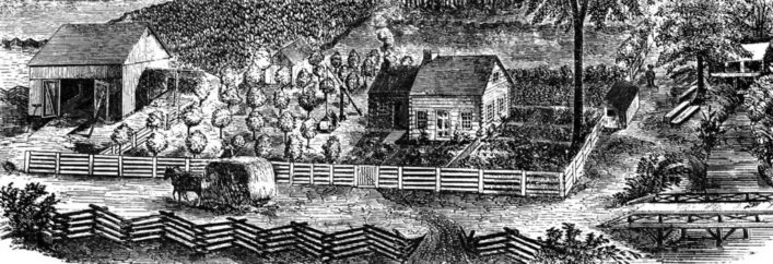 Artist's sketch of a pioneer farmstead in 19th-century Western New York, from O. Turner's Pioneer History of the Holland Purchase of Western New York (1850).