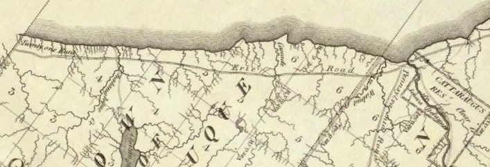 Section of 1804 map of Morris's purchase showing the old Erie Road, now U.S. Route 20. 