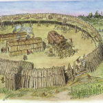 Artist's reconstruction of part of a Huron Iroquois palisaded village, circa 1500. Drawing by C.W. Jefferys.