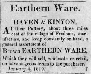 Advertisement for "Haven and Kinyon Earthern Ware" from a January 1819 edition of the Fredonia Censor newspaper