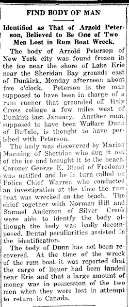 Article published in Westfield Republican April 18, 1928 about dead body found in the ice off the Lake Erie shoreline